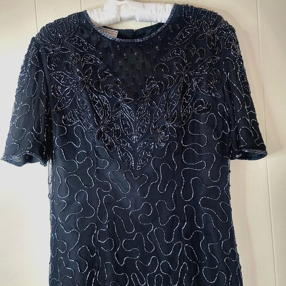 Vintage Allyson Whitmore Large Black Midi Dress 100% Silk Beaded Formal - Picture 8 of 14